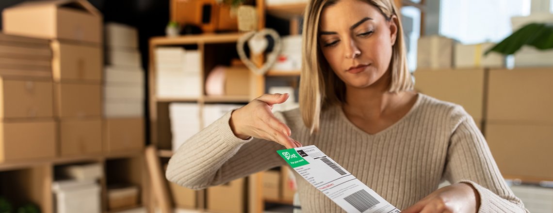 Woman applying click and post label on a parcel