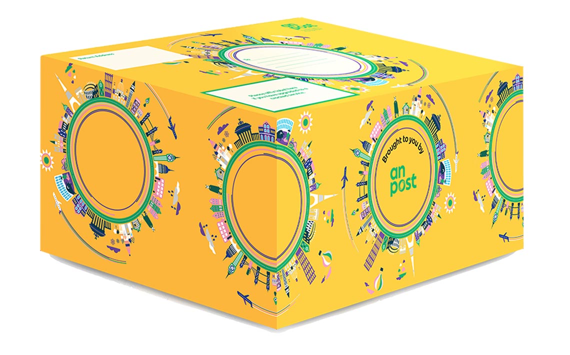 prepaid ecommerce box in yellow with colourful designs