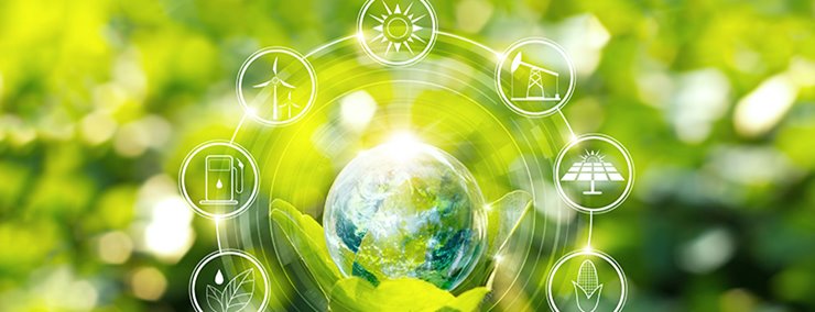 Globe against a backdrop of bright foliage, surrounded by a series of climate action icons