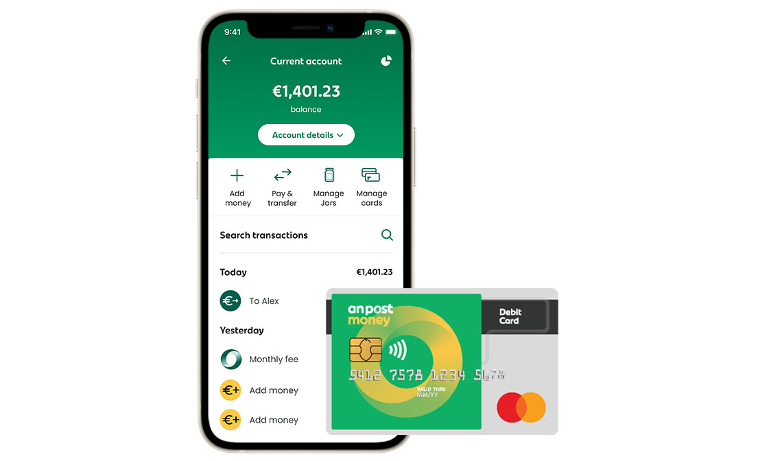 Hand holding phone showing the An Post Money app