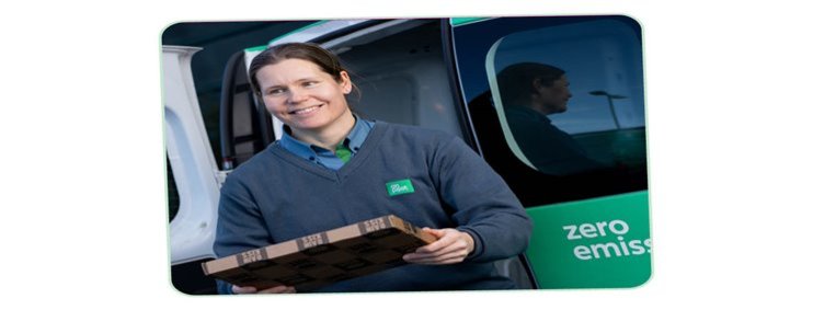 Woman in drivers seat of An Post zero emissions van with man standing beside her.