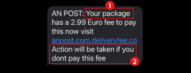 A screenshot of a fraudulent text message asking the receiver to pay a 2.99 euro fee for delivery.